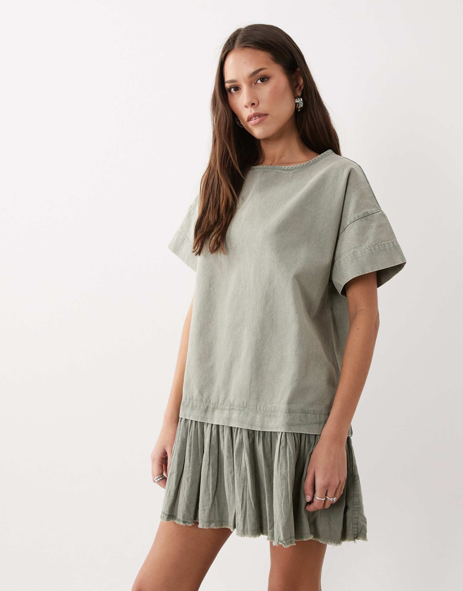 asos design hybrid t-shirt mini dress in washed olive