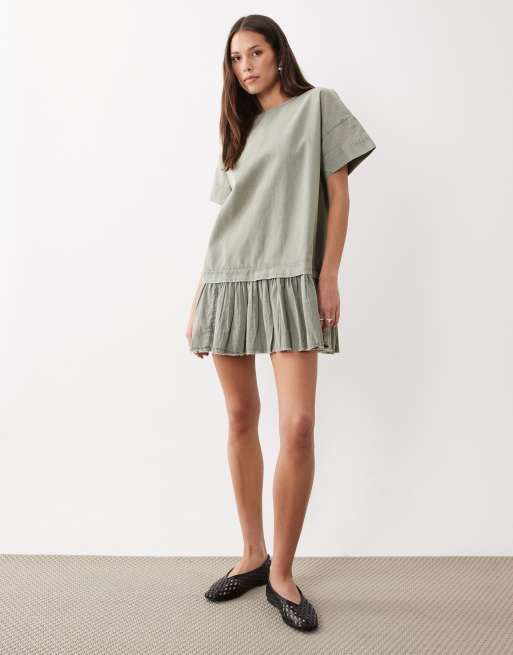 ASOS DESIGN hybrid t-shirt mini dress in washed olive, 2 of 4