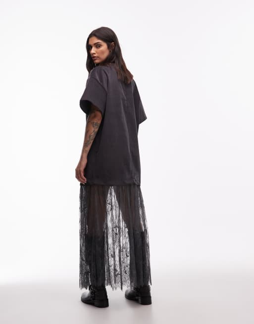 ASOS DESIGN – Hybrid-T-Shirt-Minikleid aus Cord in Anthrazit mit Rock aus Spitze, 2 von 4