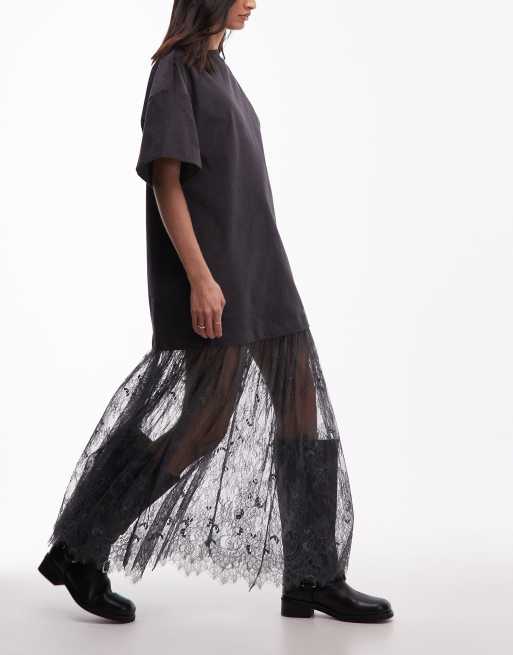 ASOS DESIGN – Hybrid-T-Shirt-Minikleid aus Cord in Anthrazit mit Rock aus Spitze, 3 von 4