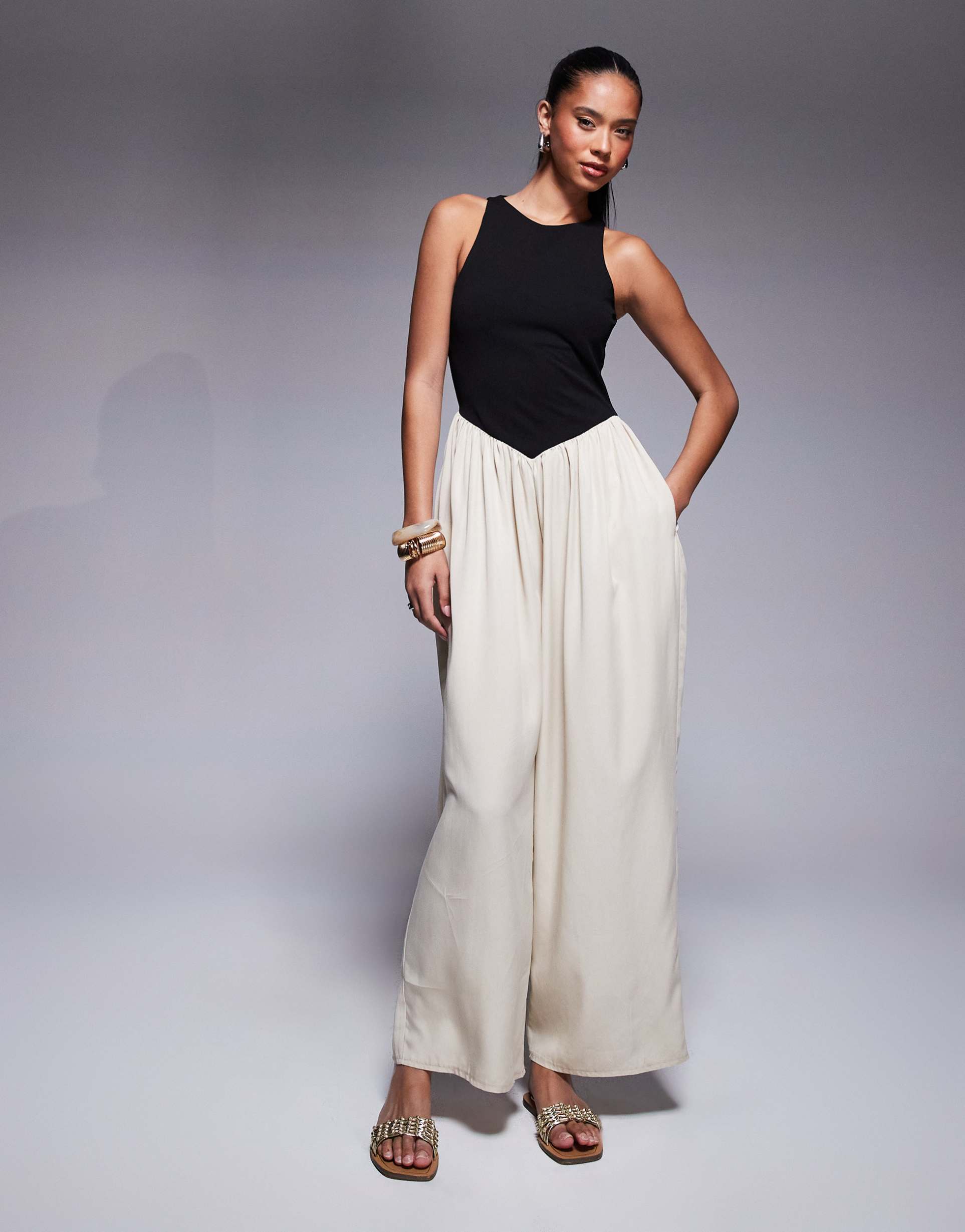 asos design hybrid wide leg jersey and cupro jumpsuit