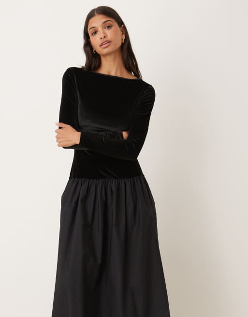 ASOS DESIGN - Hybride fluwelen maxi jurk met rok van popeline in midnight zwart, 2 van 4