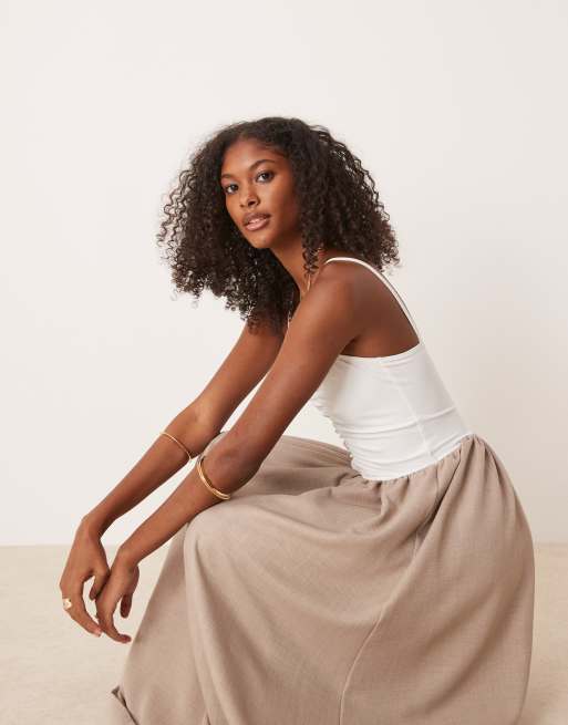 ASOS DESIGN - Hybride maxi jurk met verlaagde taille en gerimpelde top in neutraal, 3 van 4