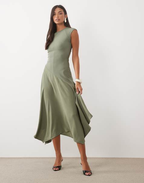 ASOS DESIGN hybride midi-jurk met asymmetrische verlaagde taille in kaki contrast - view 1