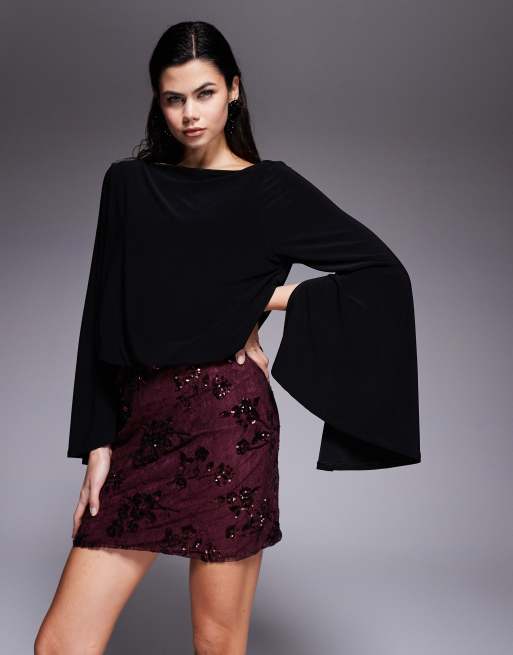 ASOS DESIGN - Hybride mini-jurk met lovertjes, kant en uitlopende mouwen in chocoladebruin