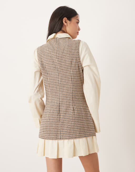 ASOS DESIGN - Hybride mini overhemdjurk met peplum zoom en ruiten in bruin, 3 van 4
