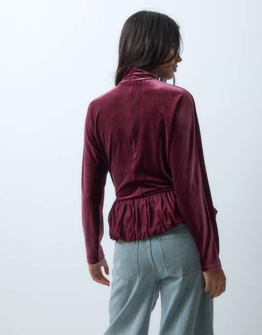ASOS DESIGN hybride top van fluweel en poplin met ballonzoom in bordeauxrood, 3 van 5