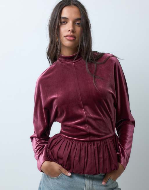 ASOS DESIGN hybride top van fluweel en poplin met ballonzoom in bordeauxrood, 5 van 5