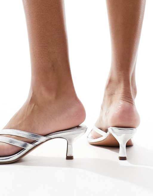 ASOS DESIGN Hydra leather toe thong kitten sandals in silver ASOS
