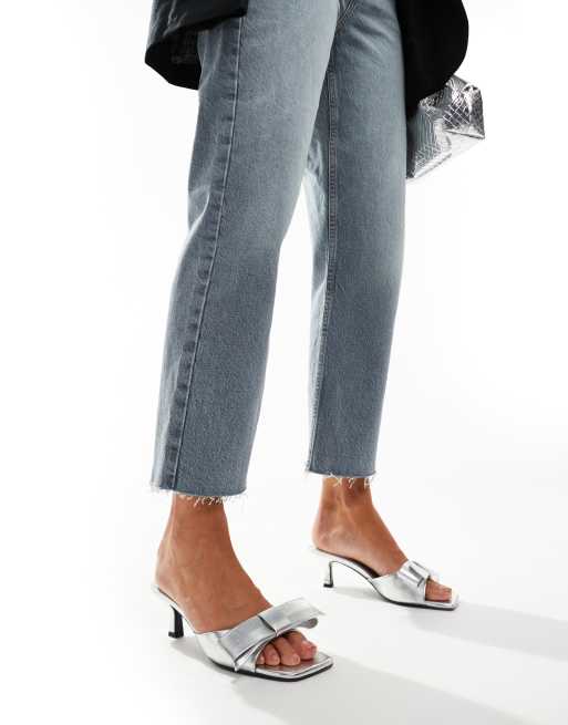 ASOS DESIGN Hyphen bow detail mid heeled mules in silver, 2 of 4