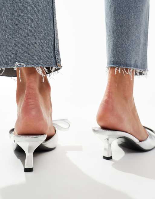 ASOS DESIGN Hyphen bow detail mid heeled mules in silver, 4 of 4