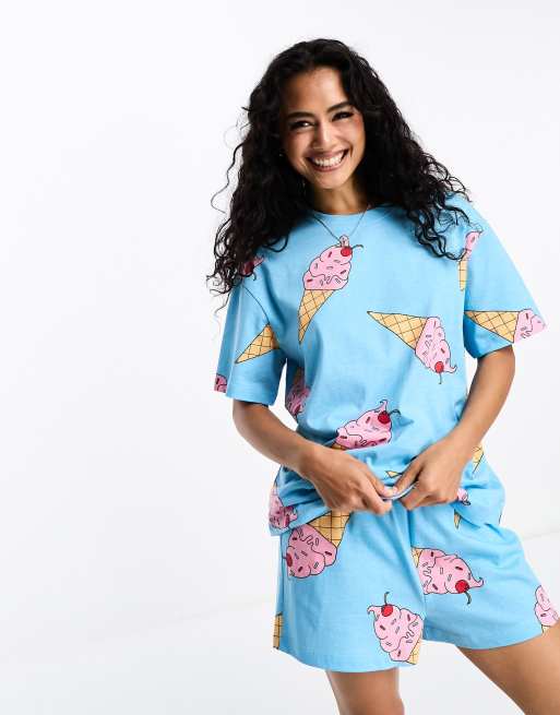 ASOS DESIGN ice cream oversized tee short pyjama set in blue ASOS