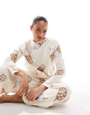 Asos Design Iced Coffee Long Sleeve Top And Pants Pajama Set In Neutral