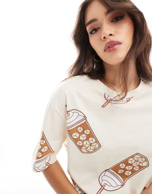 ASOS DESIGN iced coffee oversized tee & short pyjama set in beige, 4 of 4