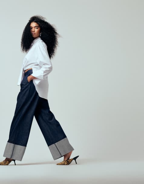 ASOS DESIGN iconische wide-leg jeans met omslag in indigo - view 1