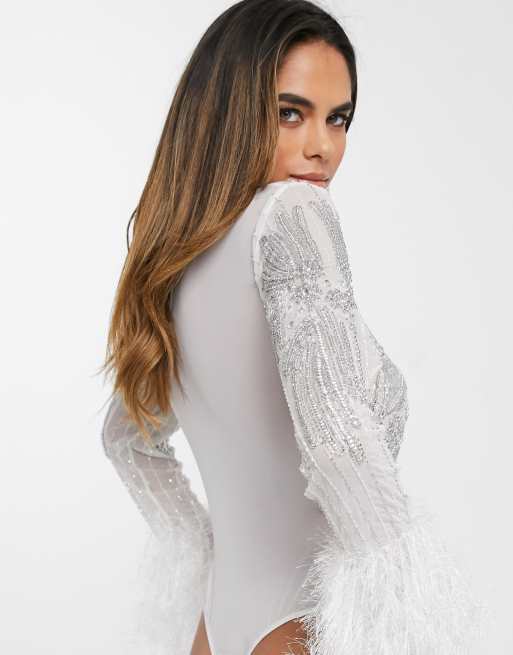 The Glamiest around White Embellished Bodysuit With Feathers cuffs