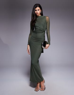 ASOS DESIGN - Im Nacken gebundenes, langärmliges Neckholder-Maxikleid aus Netzstoff in Grün mit verdrehter Brustpartie