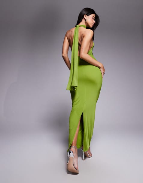 ASOS DESIGN – Im Nacken gebundenes, langärmliges Neckholder-Maxikleid aus Netzstoff in Grün mit verdrehter Brustpartie - view 1
