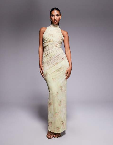 ASOS DESIGN – Im Nacken gebundenes Neckholder-Maxikleid aus Netzstoff mit Blumenprint und verdrehter Brustpartie - view 1