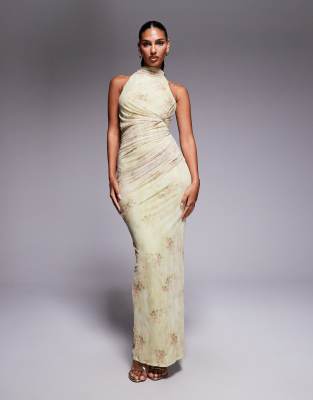 ASOS DESIGN - Im Nacken gebundenes Neckholder-Maxikleid mit Blumenprint und verdrehter Brustpartie-Bunt