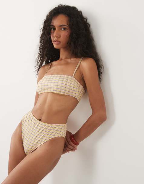ASOS DESIGN Imogen check Azores high leg high waist bikini bottoms in yellow check - view 1