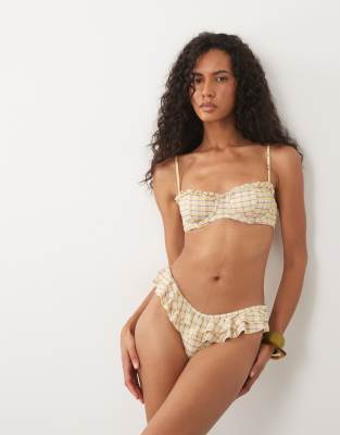 Asos Design Imogen Check Frilly Hipster Bikini Bottom In Yellow
