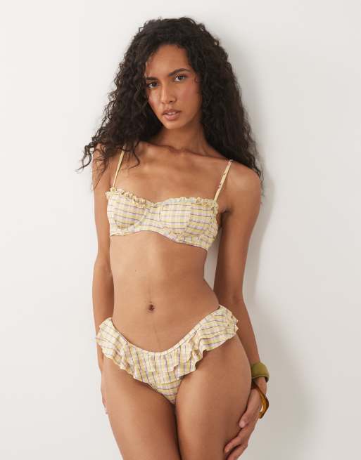 ASOS DESIGN Imogen check frilly hipster bikini bottom in yellow check, 2 of 4