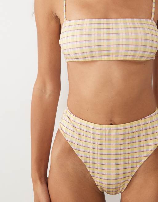 ASOS DESIGN Imogen check skinny strap bandeau bikini top in yellow check, 3 of 4