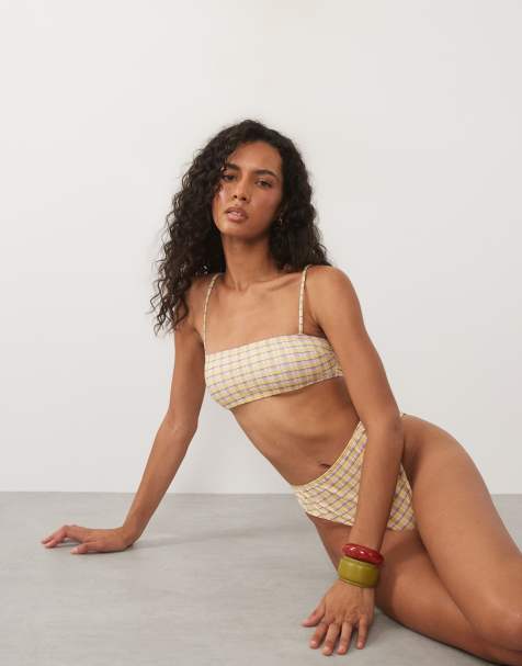 ASOS DESIGN Imogen skinny straps bandeau bikini top in yellow plaid - view 1