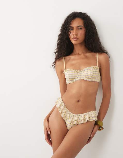 ASOS DESIGN Imogen ternet bikiniunderdel med flæser og hipsterpasform i gul tern - view 1
