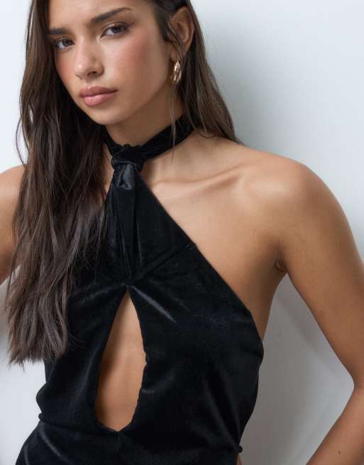 ASOS DESIGN in velluto con frange, allacciato al collo e apertura a goccia, nero, 5 di 5
