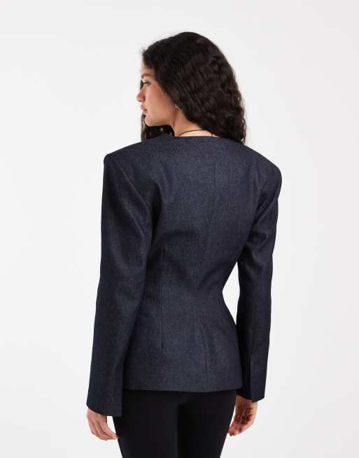 ASOS DESIGN - Indigoblå blazer med dyb V-hals og indsyet talje, 3 af 4