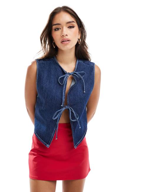 ASOS DESIGN – Indigoblå, boxig kostymväst i denim med knytning framtill, 3 av 4