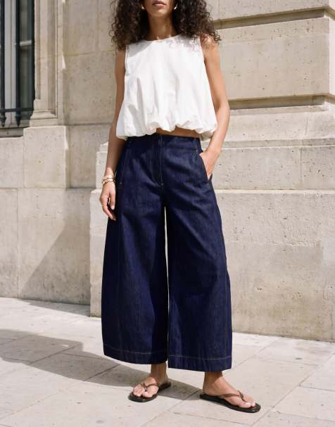 ASOS DESIGN – Indigoblå culotte-byxor med barrelben och midjeband - view 1
