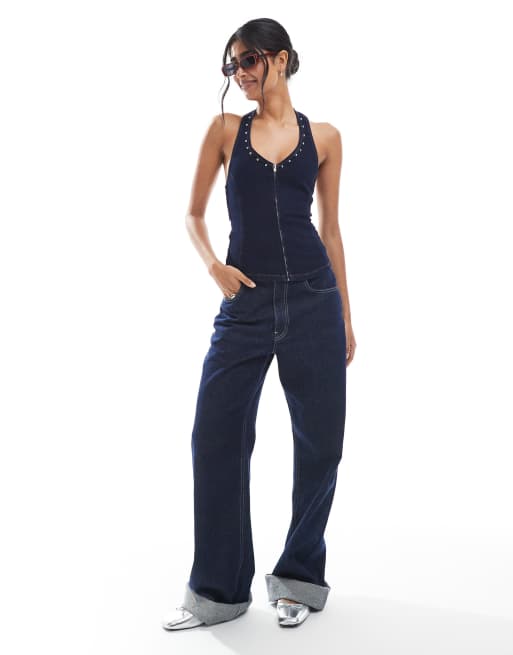 ASOS DESIGN - Indigoblå denimtop med halterneck, lynlås foran og nitter - Del af sæt, 4 af 4