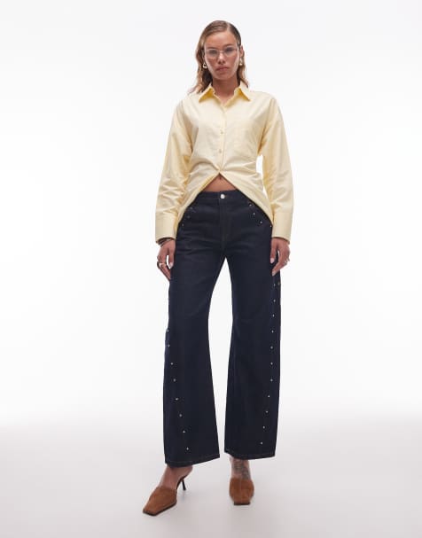 ASOS DESIGN - Indigoblå jeans med lav talje og barrel-ben samt nitter - view 1