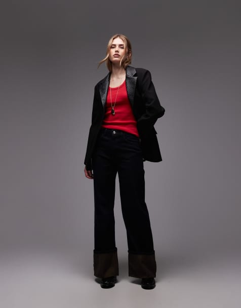 ASOS DESIGN - Indigoblå jeans med vide ben, brede opsmøg og brunt farveskær - view 1