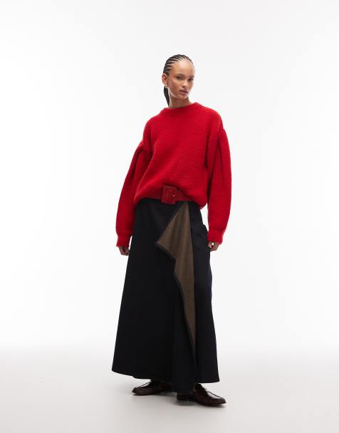 ASOS DESIGN – Indigoblå jeanskjol med brun ton och asymmetrisk fåll - view 1