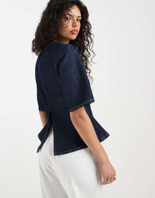 ASOS DESIGN – Indigoblå jeanstopp i peplum-modell med korta ärmar, 4 av 4