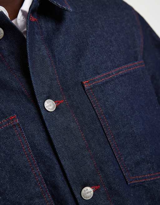 ASOS DESIGN – Indigoblå, långärmad skjorta i otvättad denim med röda kontrastsömmar, 3 av 5