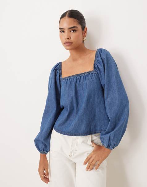 ASOS DESIGN - Indigoblå langærmet swingoverdel i denim - view 1