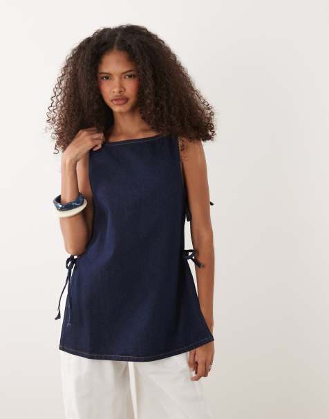 ASOS DESIGN - Indigoblå longline-denimtop med bindebånd i siderne - view 1