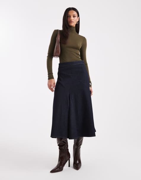 ASOS DESIGN - Indigoblå midinederdel med indadvendt kile - view 1