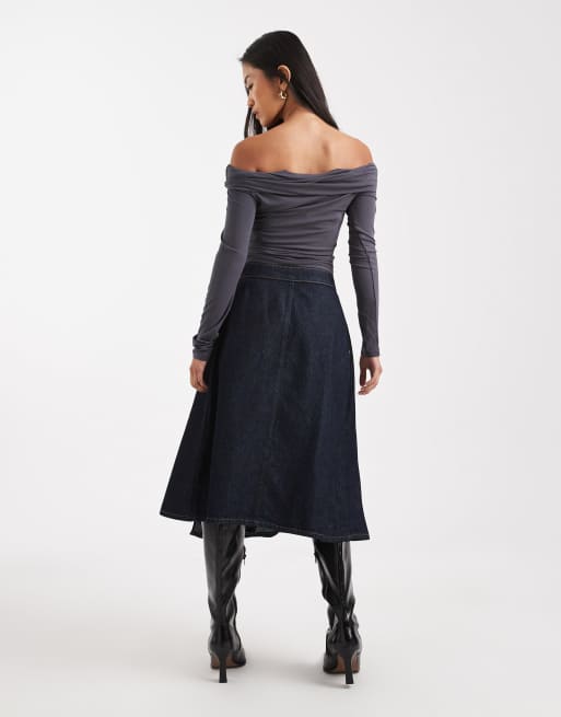 ASOS DESIGN - Indigoblå midinederdel med plisseringer i denim, 3 af 5