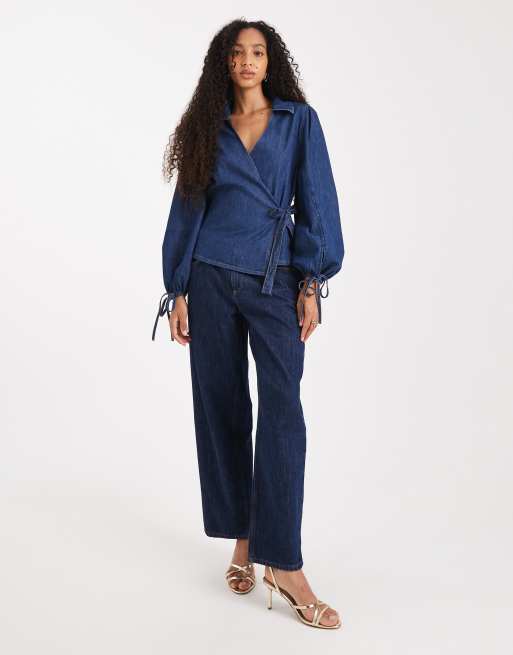 ASOS DESIGN - Indigoblå slå-om-top med ballonærmer i denim, 2 af 4