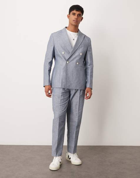 ASOS DESIGN - Indigoblåt dobbeltradet jakkesæt med striber i hør i regular fit - view 1