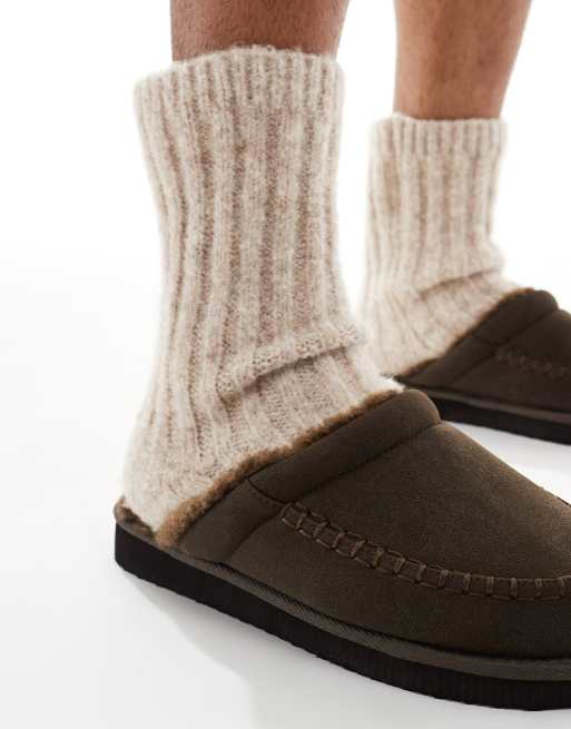 ASOS DESIGN - Instappantoffels met fleecevoering in bruin, 2 van 4