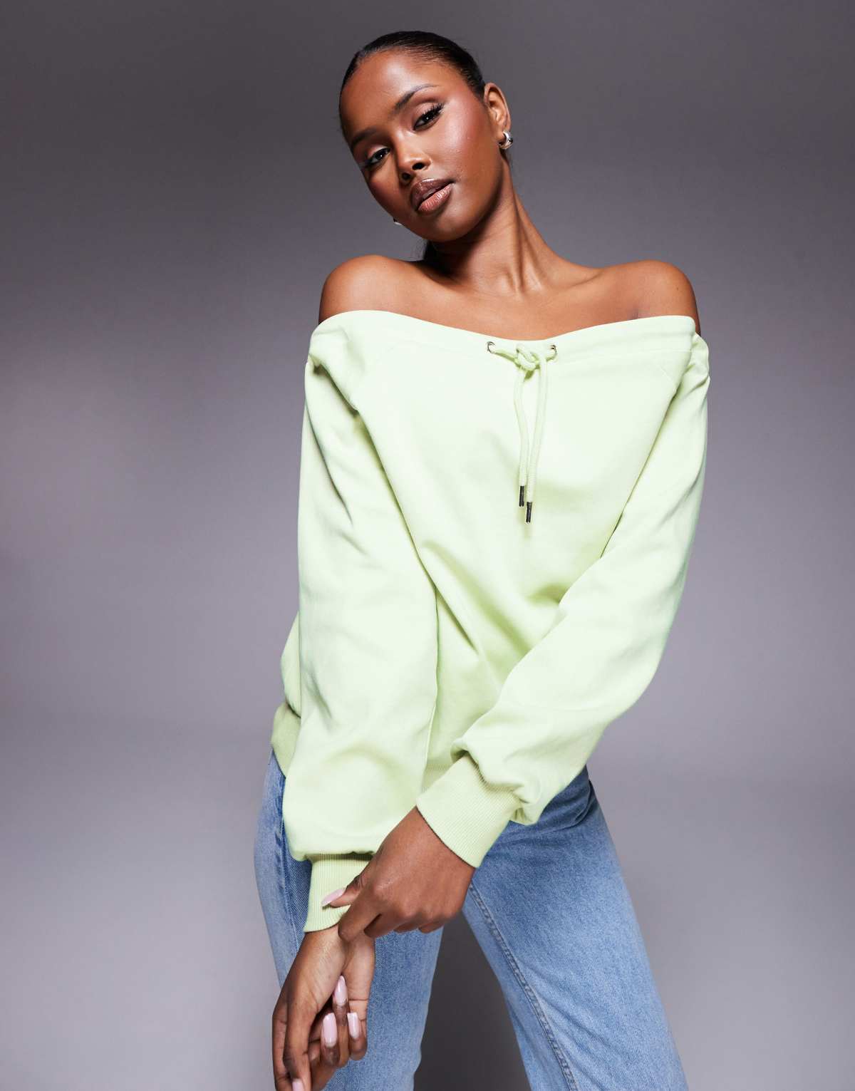 ASOS DESIGN interlock bardot sweatshirt with tie detail in pastel green