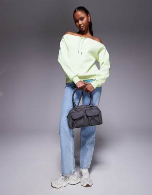 Asos Design Interlock Bardot Sweatshirt With Tie Detail In Green