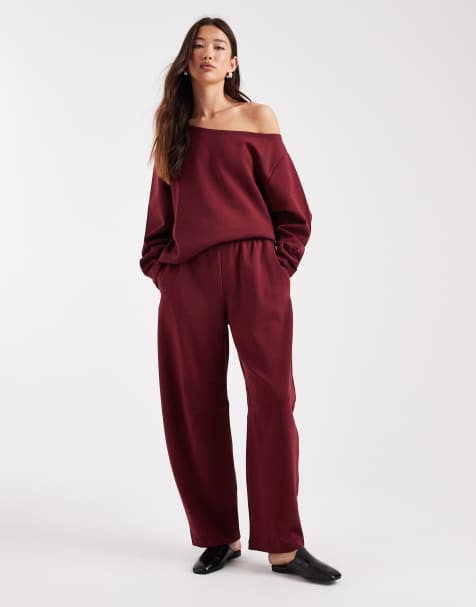 ASOS DESIGN interlock barrel leg sweatpants in burgundy - view 1